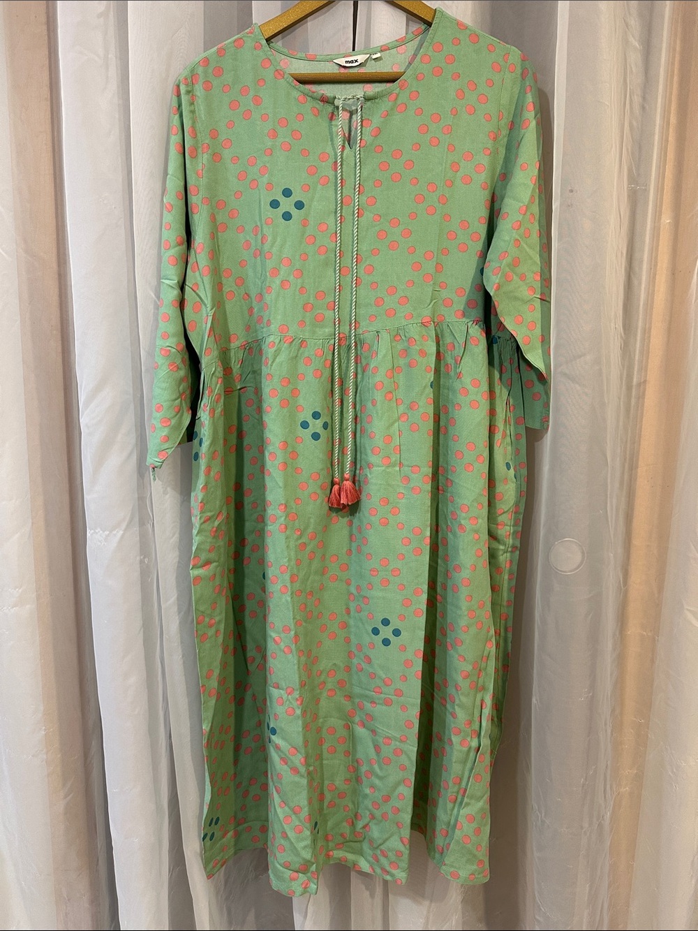 MAX Mint Green Polka Dot Midi Dress Size XXL Boho Tassel Tie Dress Summer